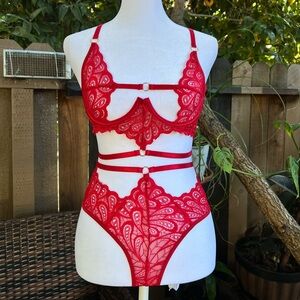 Matching lacy red panties and bra set